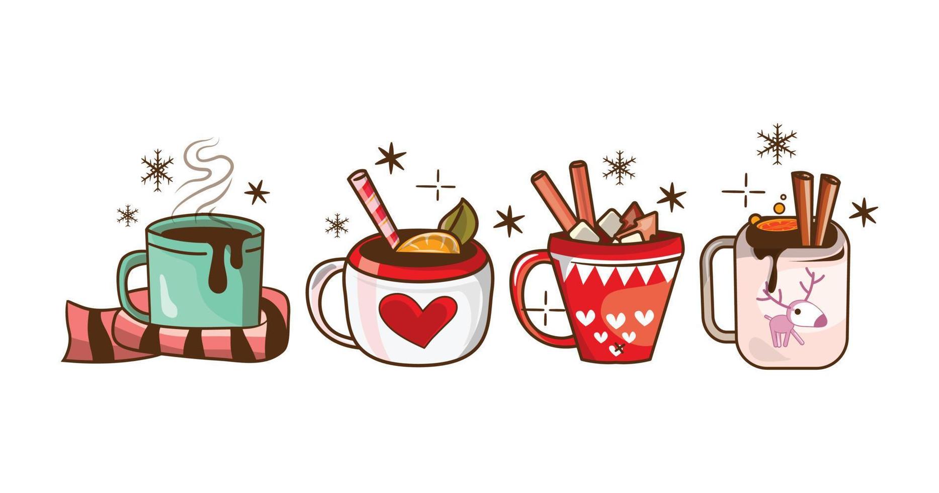 Kerstmis heet dranken van koffie, chocola, en Advocaat drankjes in mokken en kopjes. vector