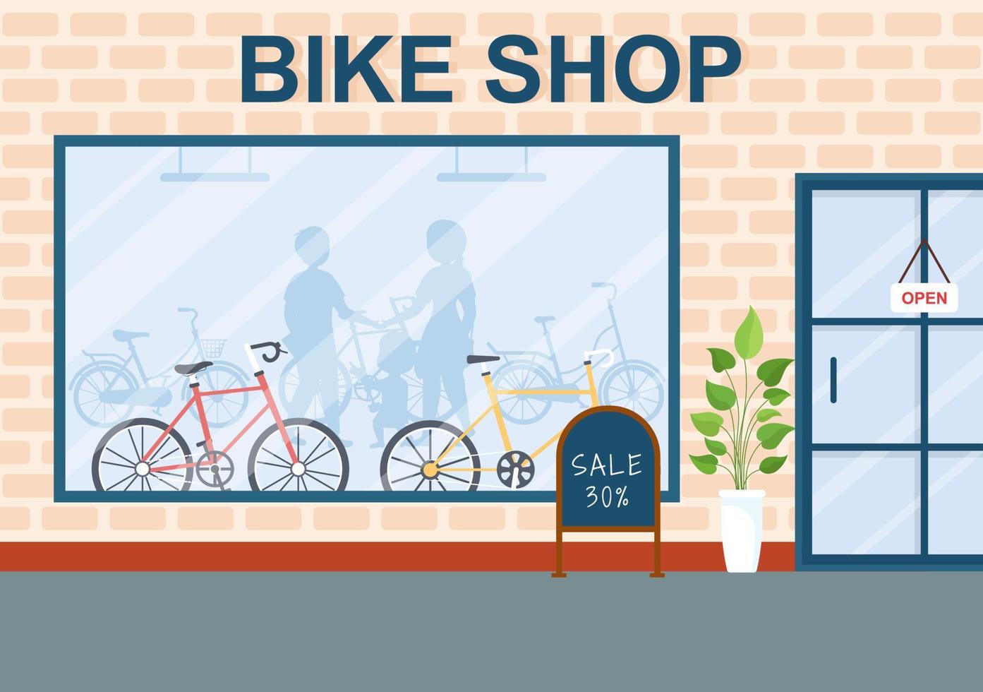 fiets winkel met klanten mensen kiezen cycli, accessoires of uitrusting uitrusting voor rijden in sjabloon hand- getrokken tekenfilm vlak illustratie vector