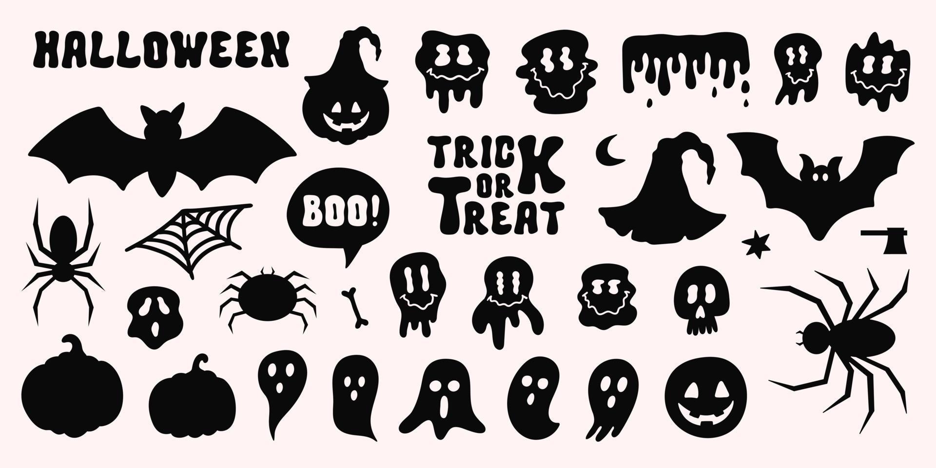 halloween reeks zwart silhouet elementen geïsoleerd Aan een wit achtergrond. grappig tekenfilm pictogrammen en symbool. vector illustratie