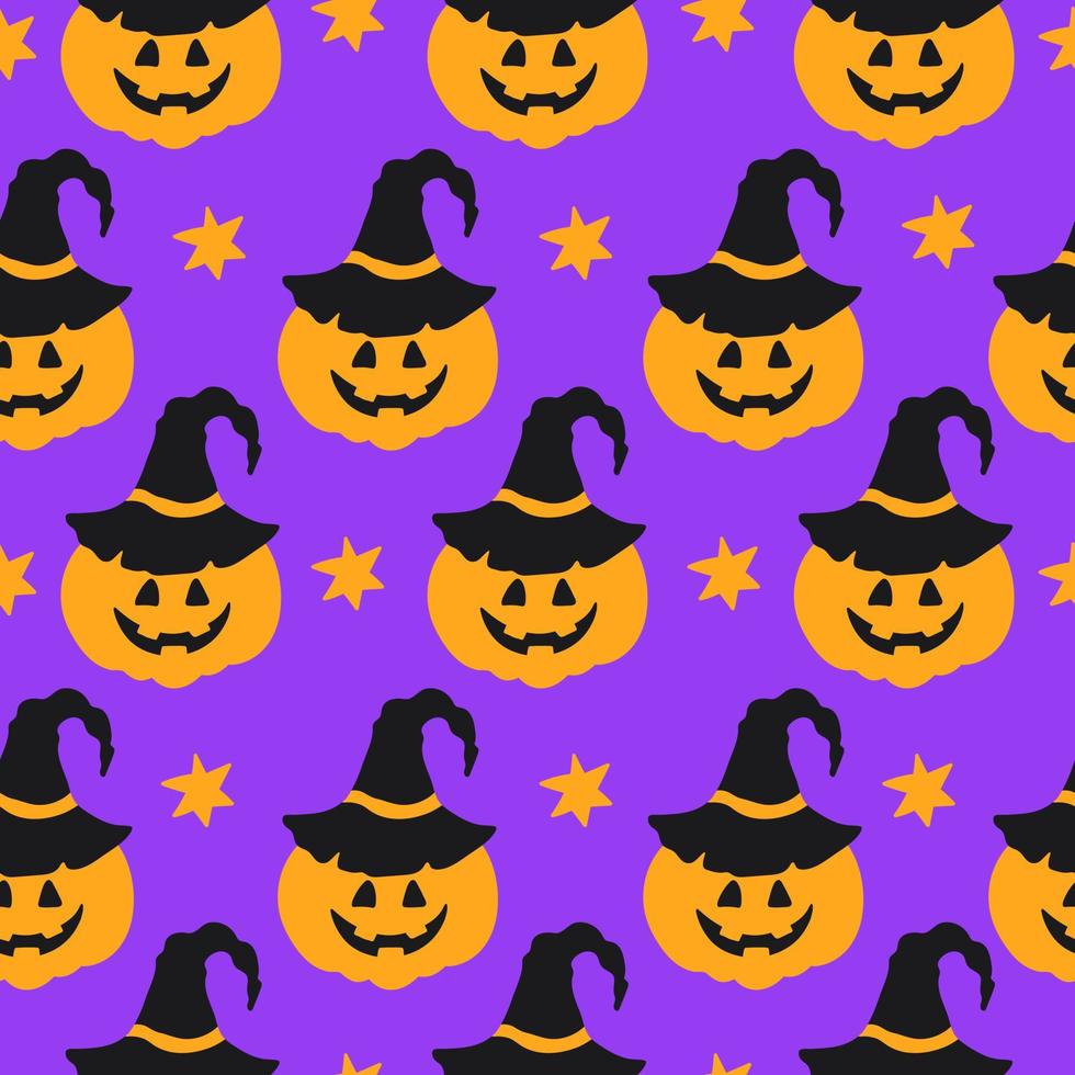 kleurrijk naadloos patroon met halloween symbolen Aan een Purper achtergrond. schattig tekenfilm pompoen in heks hoed. vector illustratie.