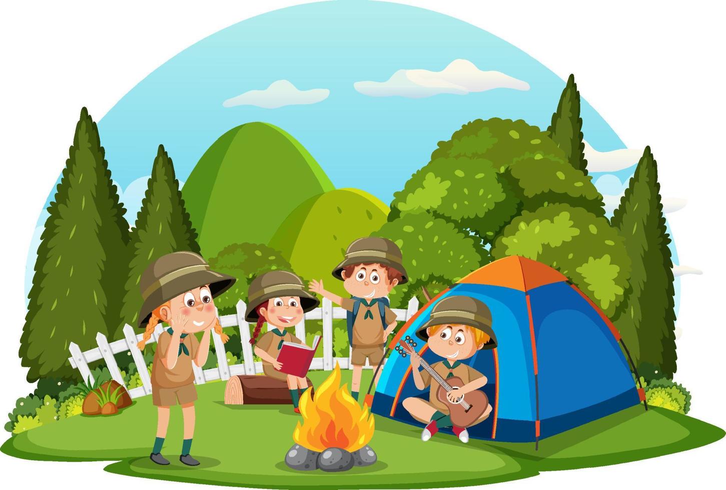 kinderen camping uit Woud tafereel vector