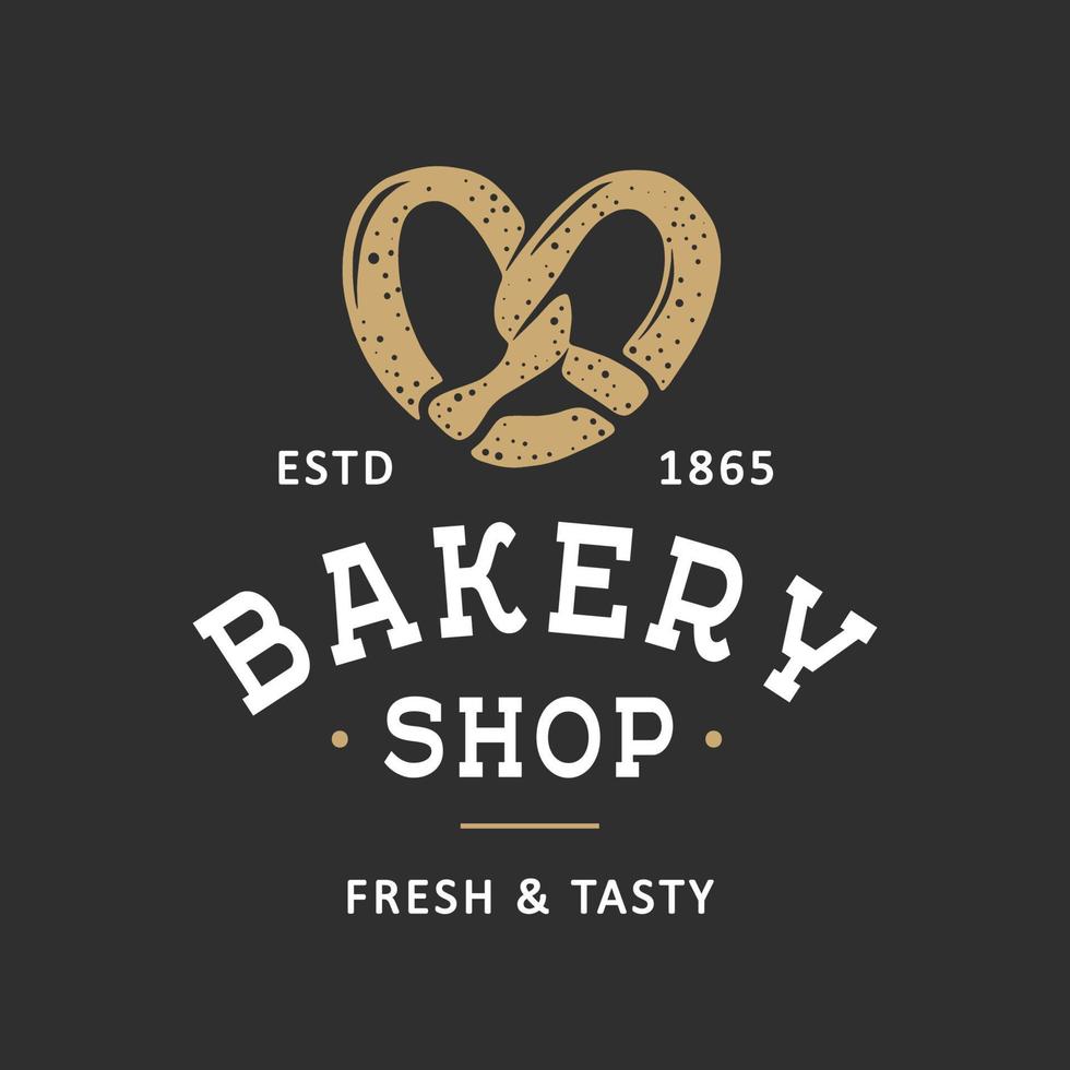 wijnoogst stijl bakkerij winkel gemakkelijk label, insigne, embleem, logo sjabloon. grafisch voedsel kunst met gegraveerde zoute krakeling ontwerp vector element met typografie. lineair biologisch bagel Aan zwart achtergrond.