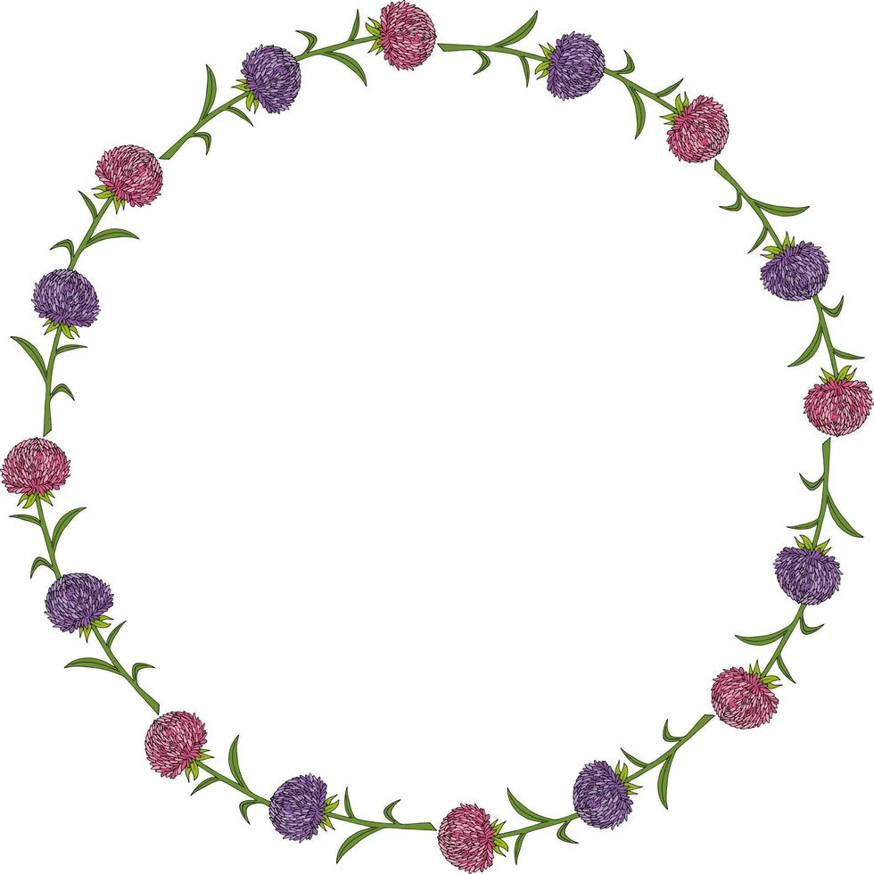 ronde kader met knus roze en paars aster bloemen Aan wit achtergrond. vector afbeelding.