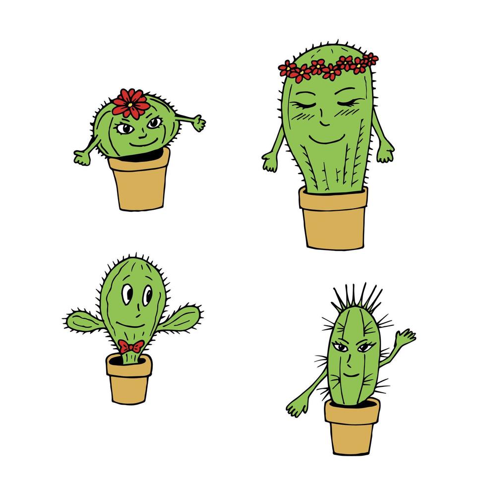 glimlachen cactussen Aan wit achtergrond. tekening stijl. vector afbeelding.