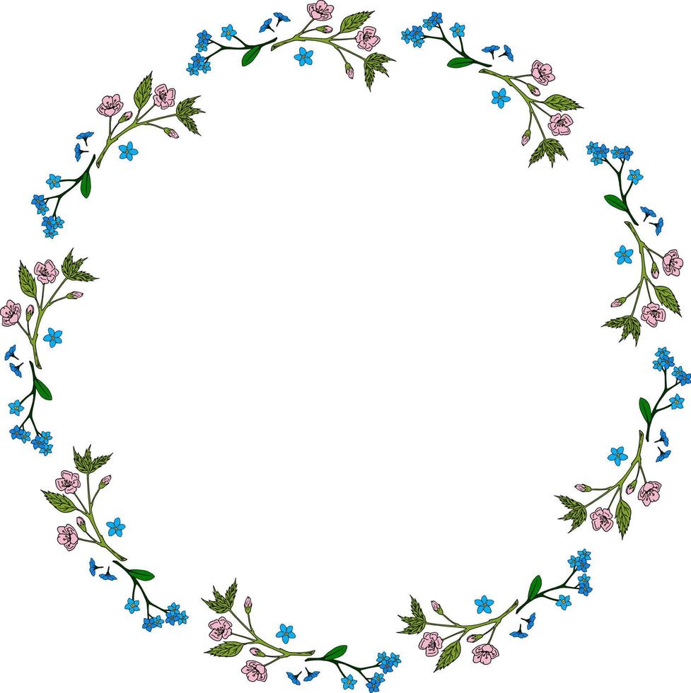 ronde kader met schattig bloemen vergeet me niet en sakura takken Aan wit achtergrond. tekening stijl. vector afbeelding.