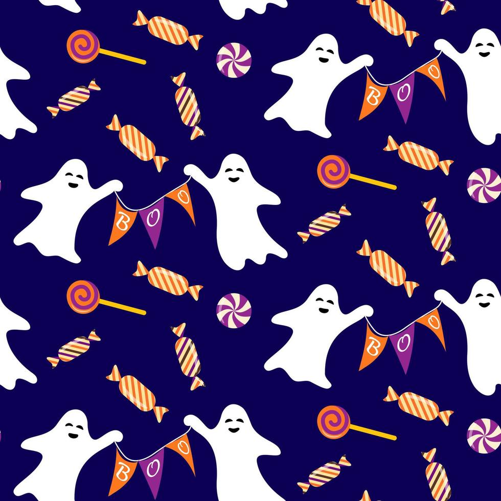 naadloos halloween patroon van schattig grappig tekenfilm geesten met boe vlaggen en snoep. truc of traktatie. spookachtig achtergrond voor halloween viering, textiel, achtergronden, omhulsel papier, scrapbooken. vector