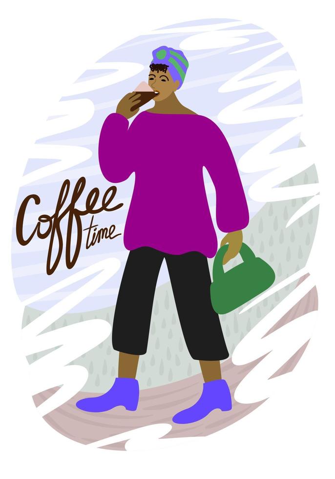 koffie tijd. vrouw is wandelen Aan de straat met koffie mok. vector