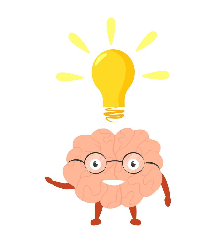 concept idee, lamp creatief teken, innovatie. gemakkelijk bedrijf gloeilamp, concept voor project beheer, marketing, creativiteit. vector geïsoleerd illustratie met hersenen schattig karakter.
