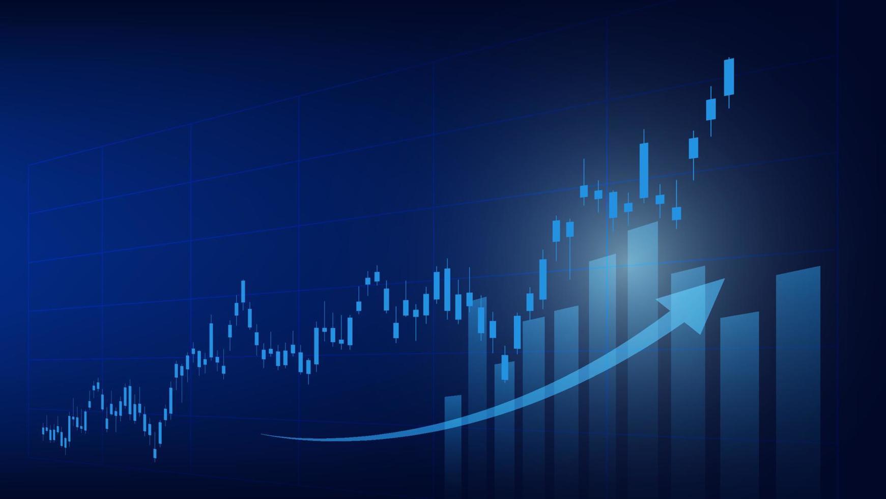 economie situatie concept. financieel bedrijf statistieken met bar diagram en kandelaar tabel tonen voorraad markt prijs en valuta uitwisseling Aan blauw achtergrond vector