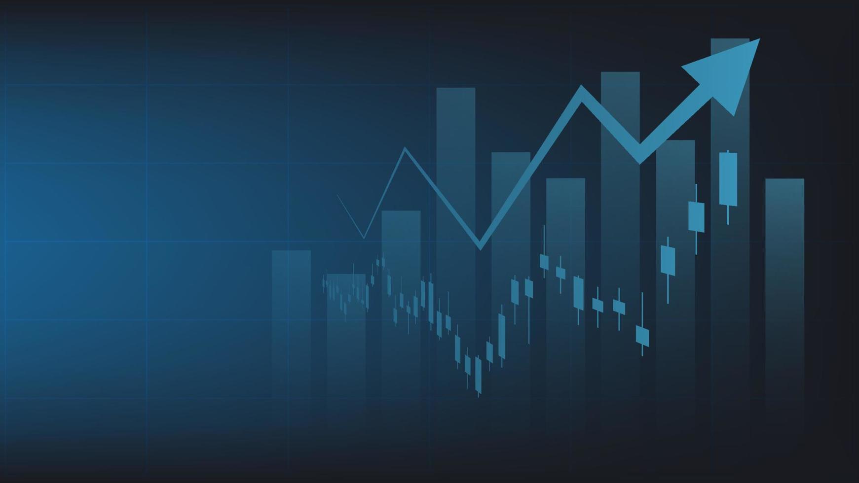 economie situatie concept. financieel bedrijf statistieken met bar diagram en kandelaar tabel tonen voorraad markt prijs en valuta uitwisseling Aan blauw achtergrond vector