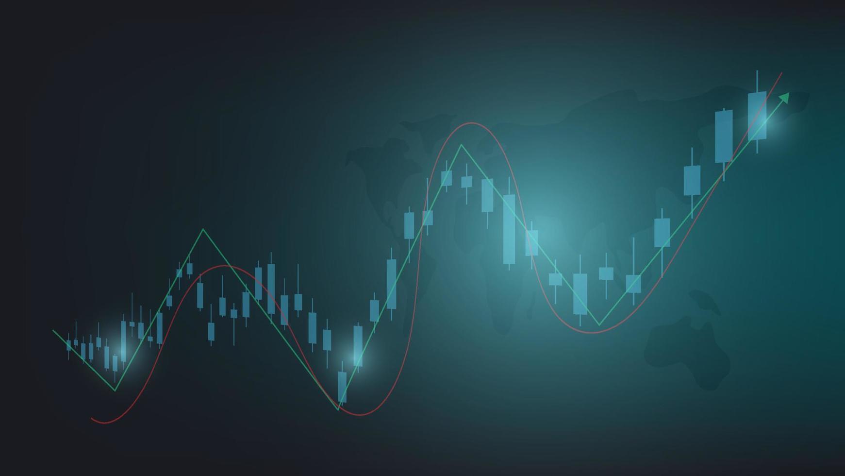 economie situatie concept. financieel bedrijf statistieken met bar diagram en kandelaar tabel tonen voorraad markt prijs en valuta uitwisseling Aan donker groen achtergrond vector