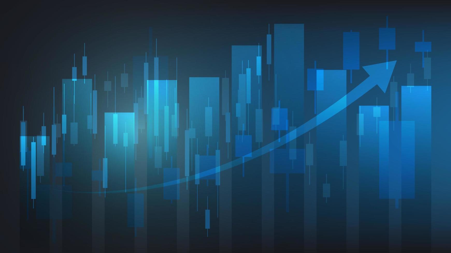 economie situatie concept. financieel bedrijf statistieken met bar diagram en kandelaar tabel tonen voorraad markt prijs en valuta uitwisseling Aan blauw achtergrond vector