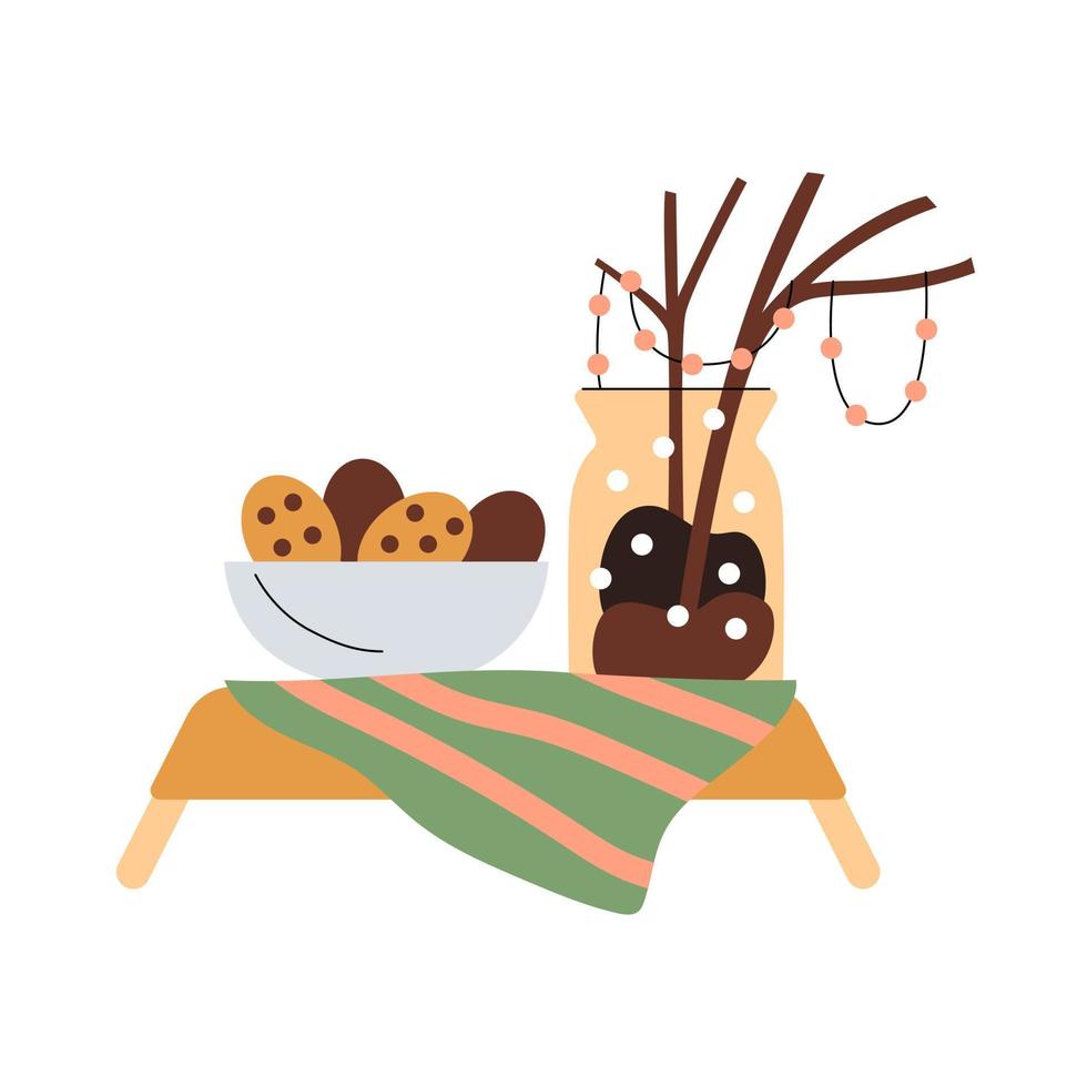 schattig minimalistisch samenstelling met een kom van koekjes, lichten en decoratief takken in een vaas Aan een houten staan vector