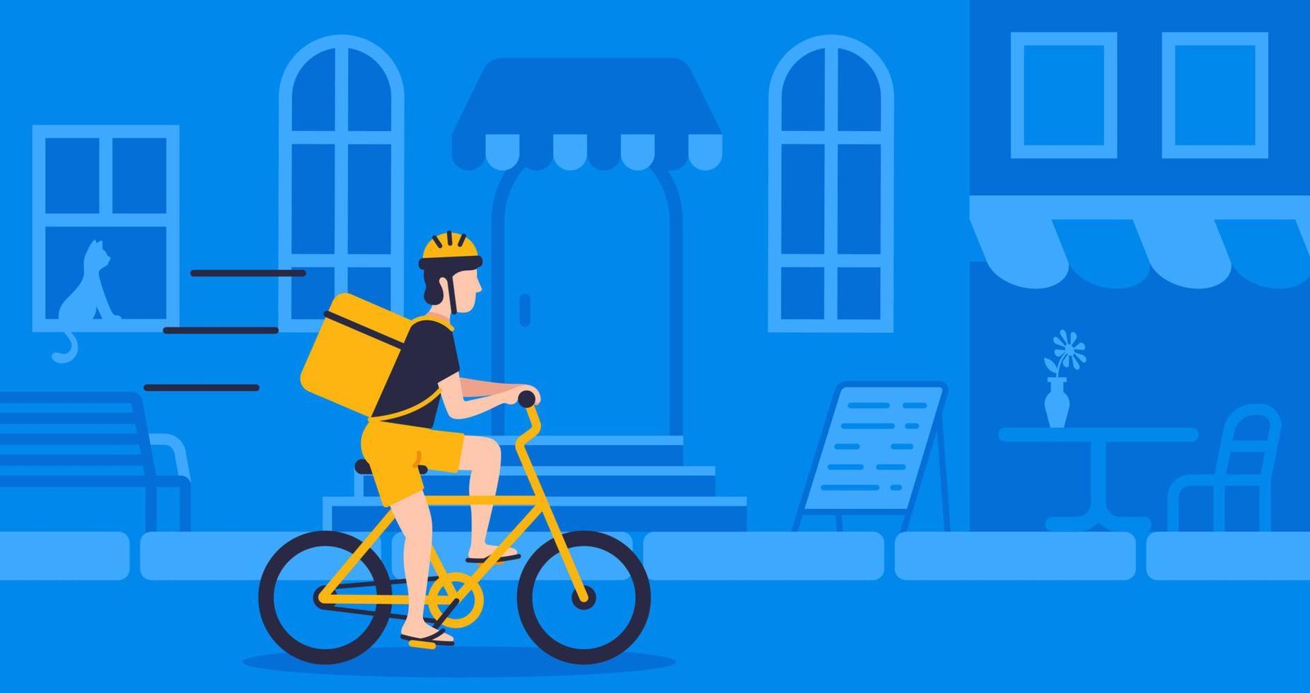 concept online levering gebruik makend van fiets rijden met pakket rijden Aan straat blauw achtergrond vector illustratie geïsoleerd