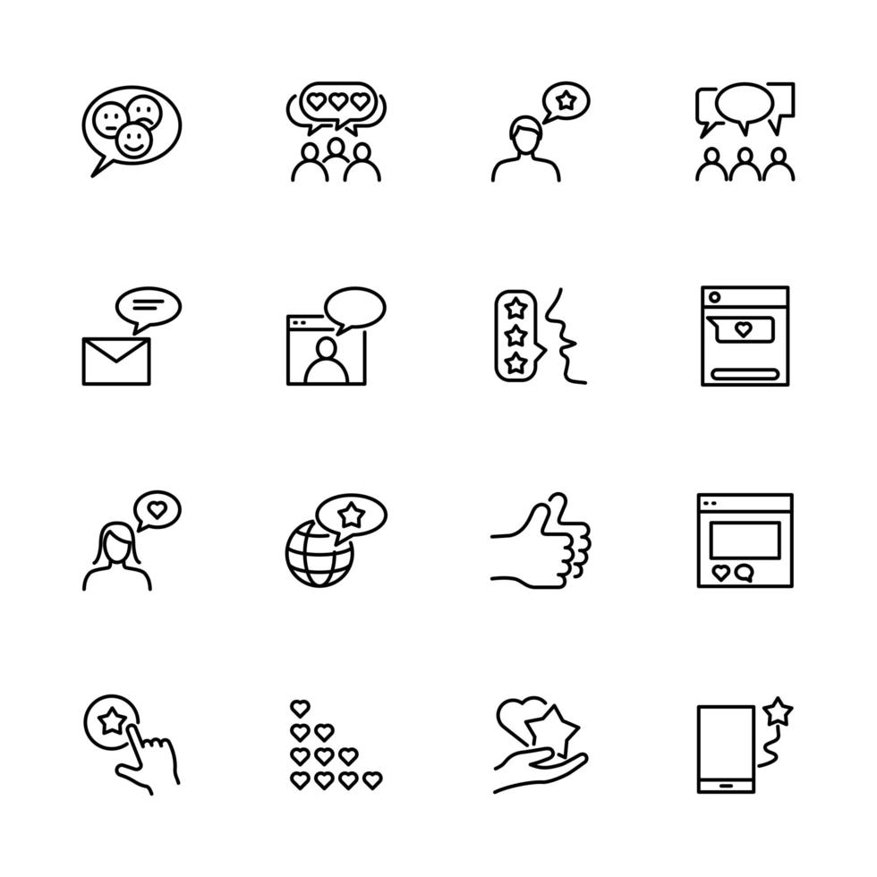 feedback, getuigenis en review gerelateerde lijn icon set vector