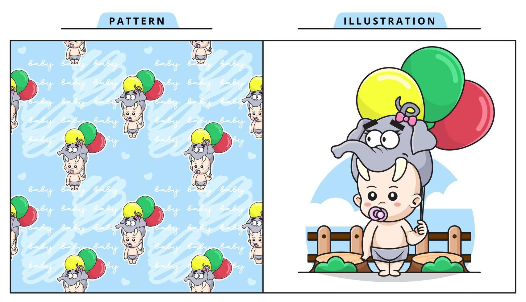 illustratie vector grafisch van schattig baby vervelend olifant kostuum en Holding ballon met decoratief naadloos patroon