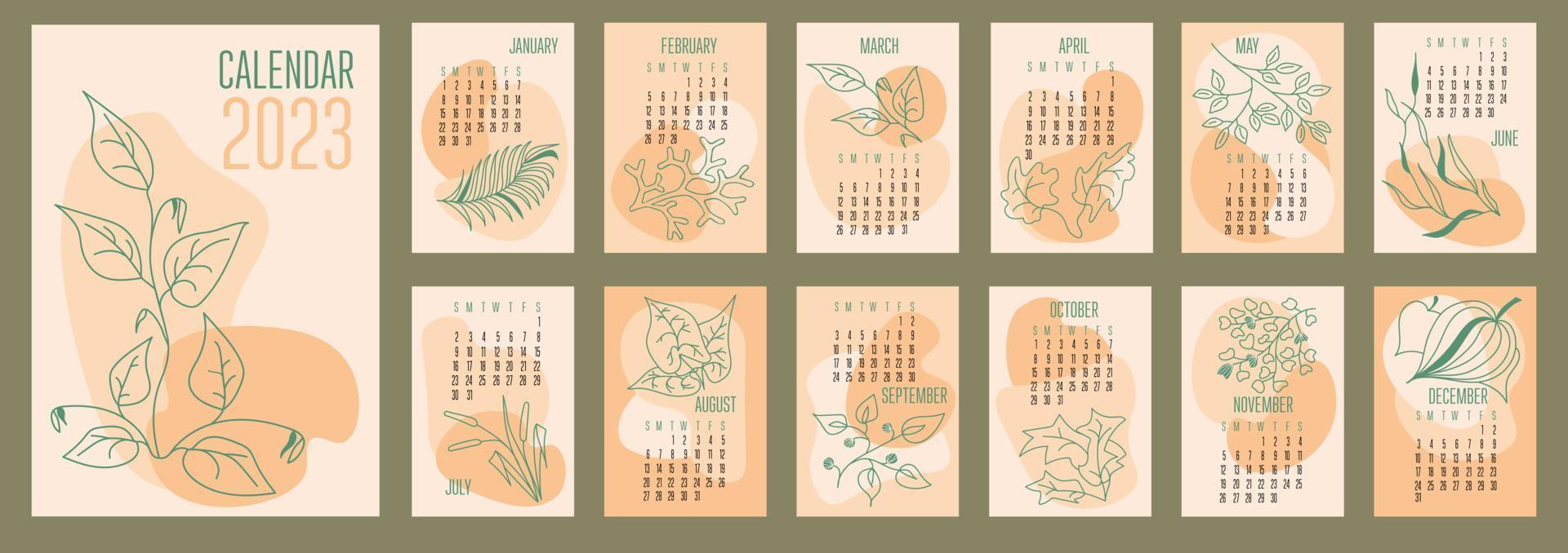 vector verticaal kalender 2023 modieus abstract vormen met hand- getrokken botanisch planten. week begint in zondag.