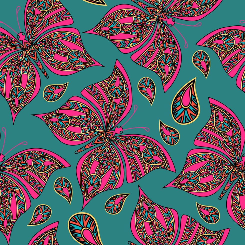 naadloos patroon met hand- getrokken roze vlinder in zentangle stijl. vector