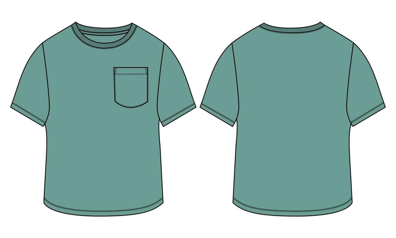 regelmatig fit kort mouw t-shirt technisch schetsen mode vlak sjabloon met ronde halslijn voorkant en terug visie. kleding kunst tekening vector illustratie eenvoudig kleding ontwerp bespotten omhoog.