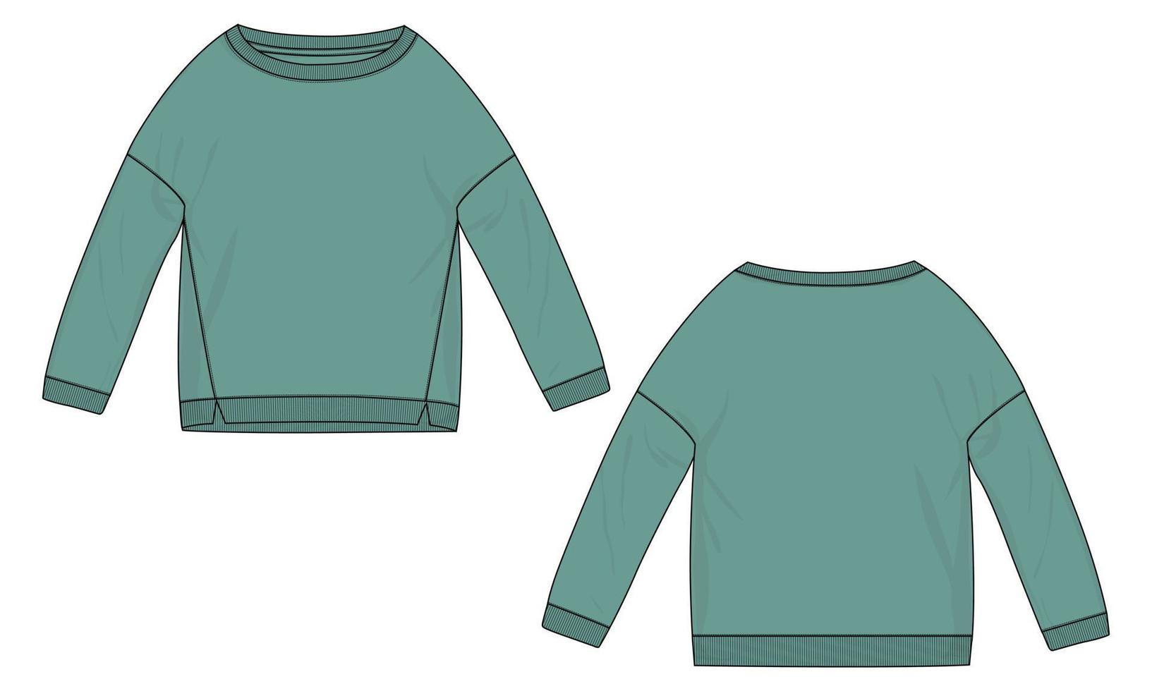 lang mouw Dames sweater technisch mode vlak schetsen vector illustratie sjabloon voorkant en terug keer bekeken.