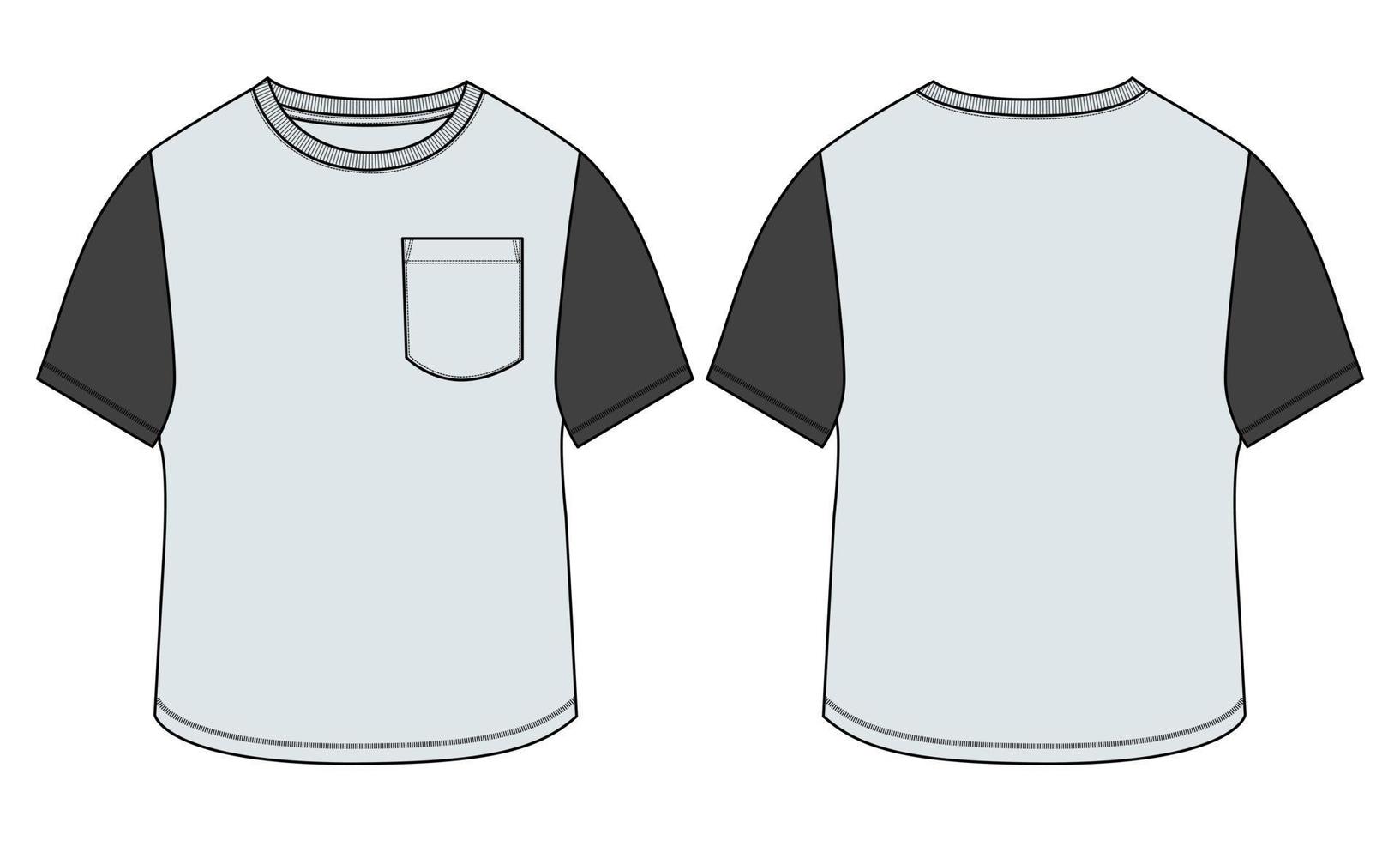 regelmatig fit kort mouw t-shirt technisch schetsen mode vlak sjabloon met ronde halslijn voorkant en terug visie. kleding kunst tekening vector illustratie eenvoudig kleding ontwerp bespotten omhoog.