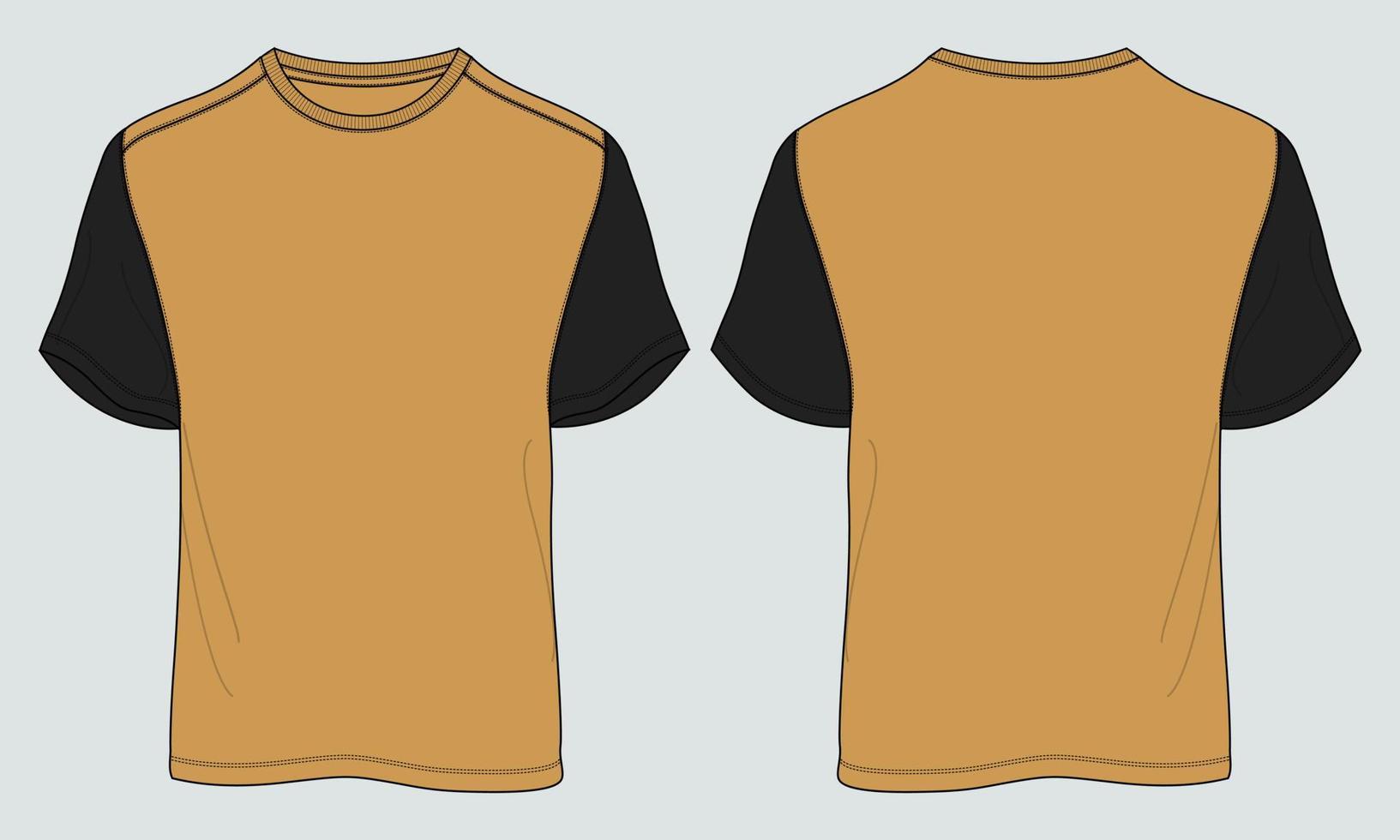 regelmatig fit kort mouw t-shirt technisch schetsen mode vlak sjabloon met ronde halslijn voorkant en terug visie. kleding kunst tekening vector illustratie eenvoudig kleding ontwerp bespotten omhoog.