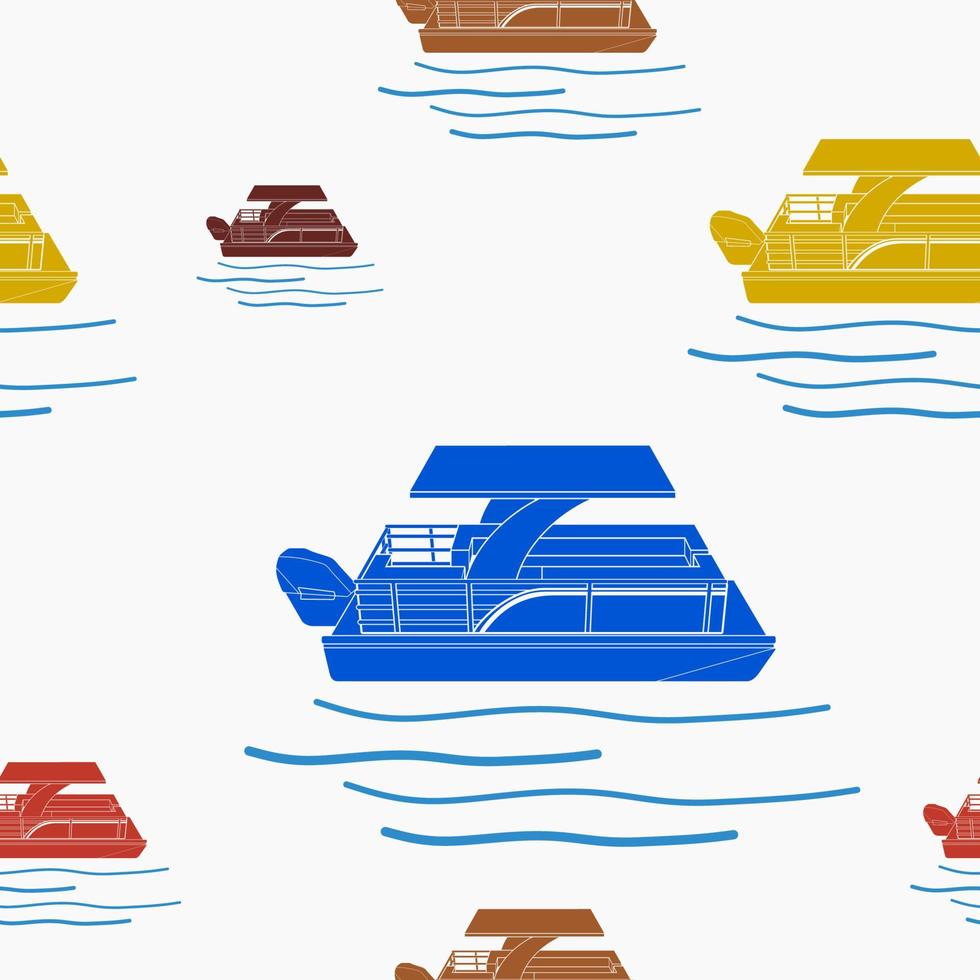 bewerkbare vlak stijl drie kwartier top kant visie ponton boot vector illustratie met divers kleuren net zo naadloos patroon voor creëren achtergrond van vervoer of recreatie verwant ontwerp