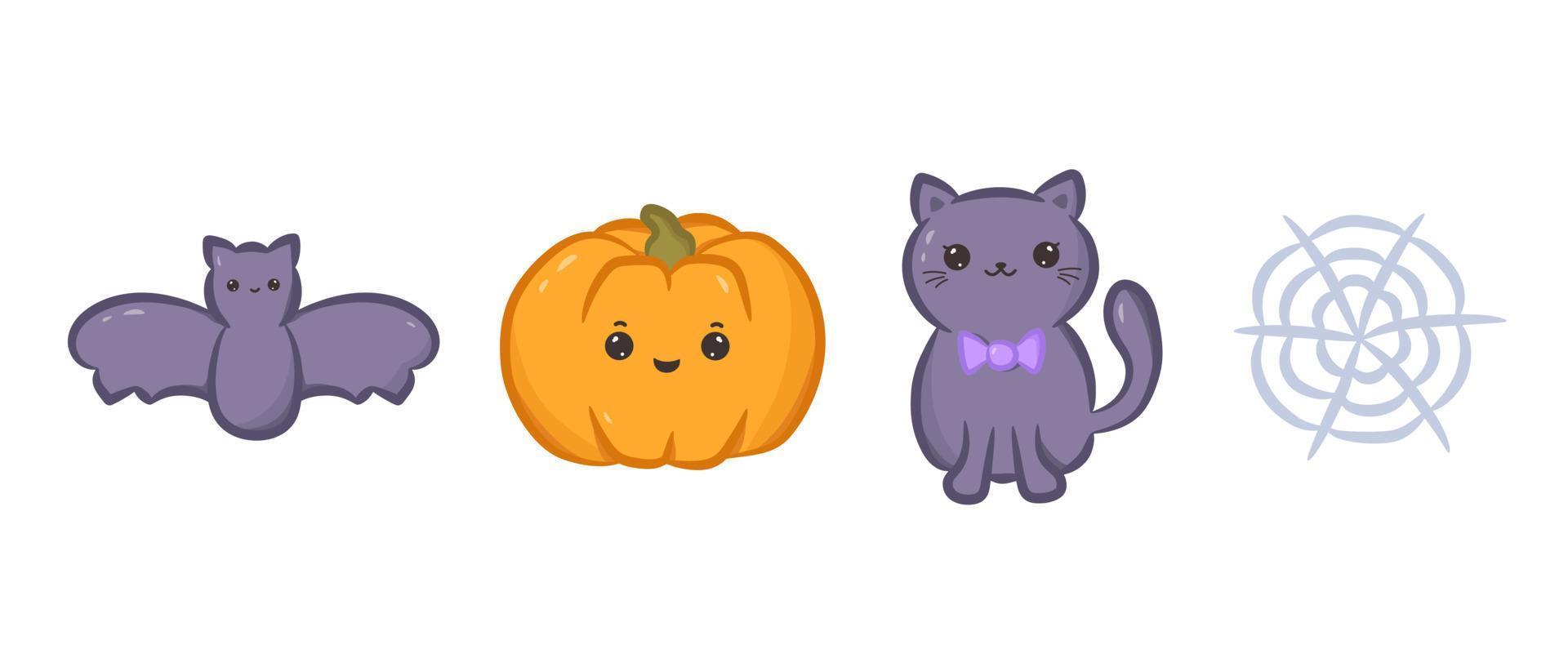 reeks van kawaii halloween tekens en spin web. verzameling van schattig kawaii pompoen, kat, knuppel en web. vector illustratie