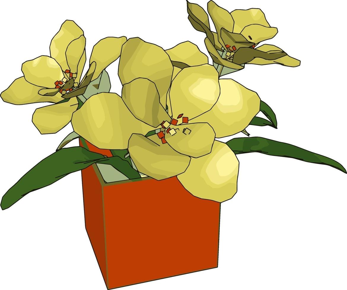 geel bloemen in een pot, illustratie, vector Aan wit achtergrond.