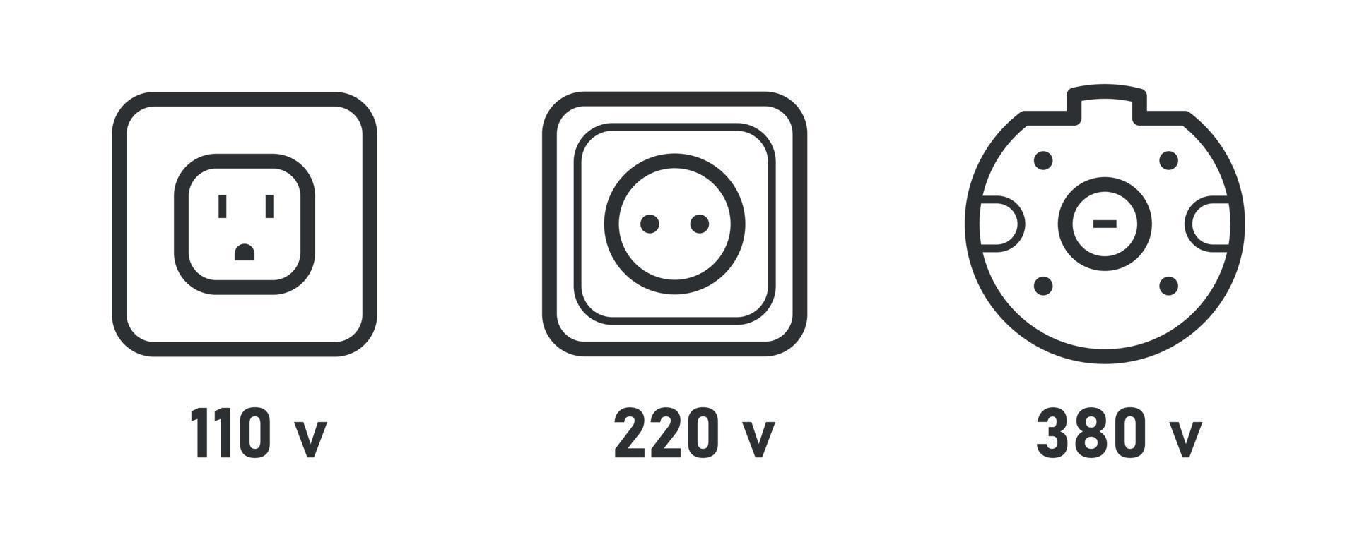 stopcontact macht lijn icoon set. 110v, 220v, 380v Spanning. informatieve teken elektrisch plug symbool. vector illustratie Aan wit achtergrond