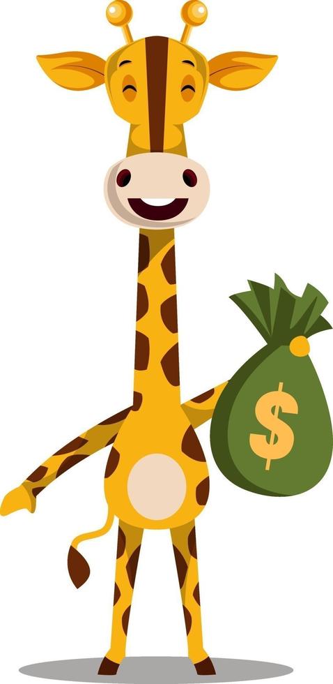 giraffe met geld tas, illustratie, vector Aan wit achtergrond.