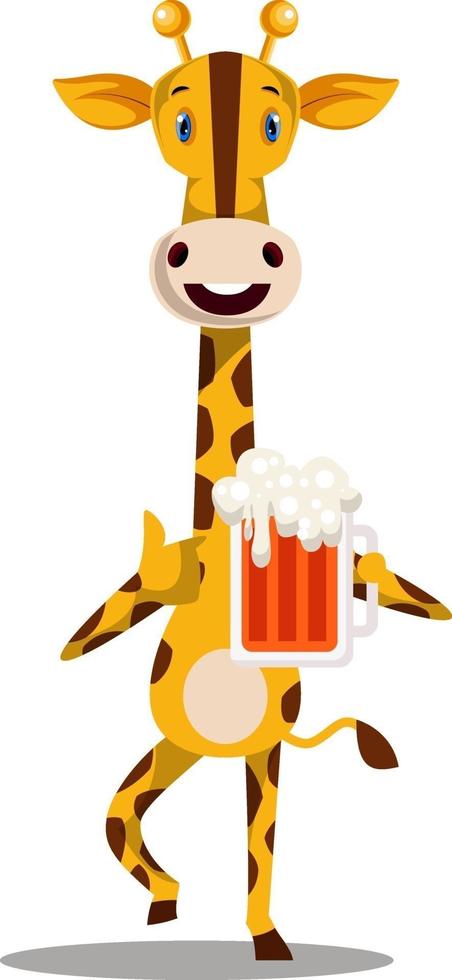 giraffe met bier, illustratie, vector Aan wit achtergrond.