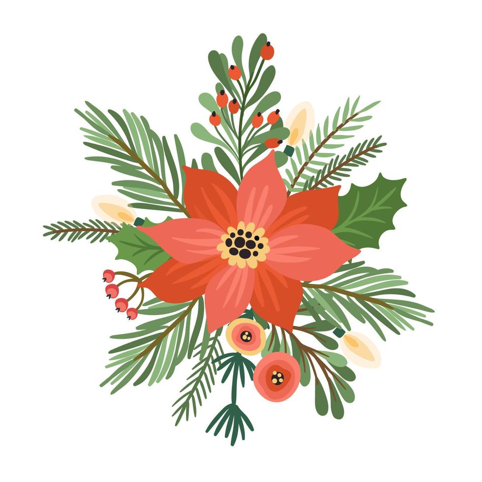 Kerstmis en gelukkig nieuw jaar bloem regeling. Kerstmis boom, bloemen, bessen. geïsoleerd illustratie. element ontwerp. vector