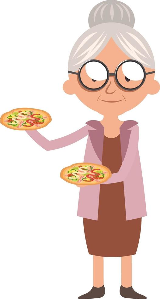 oma met pizza, illustratie, vector Aan wit achtergrond.