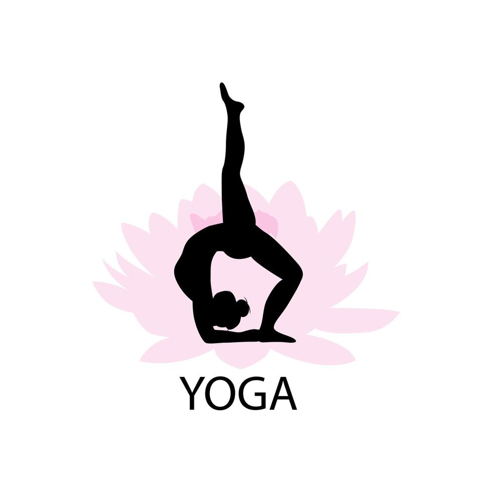 yoga logo met vrouw in chakrasana houding in voorkant van een lotus bloem. silhouet van yoga asana. vector illustratie