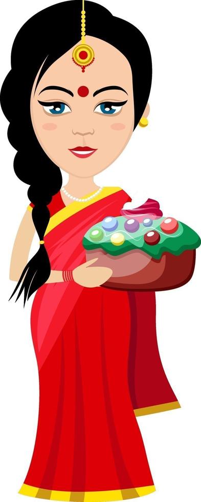 Indisch vrouw met taart , illustratie, vector Aan wit achtergrond.