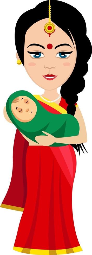 Indisch vrouw met baby , illustratie, vector Aan wit achtergrond.