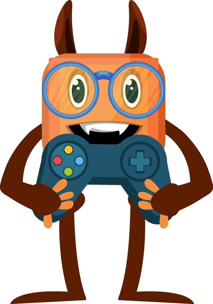 monster met gamepad, illustratie, vector Aan wit achtergrond.