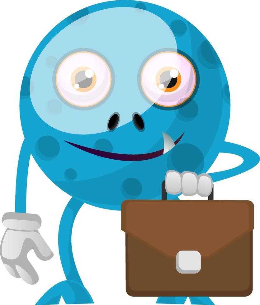 blauw monster met koffer, illustratie, vector Aan wit achtergrond.