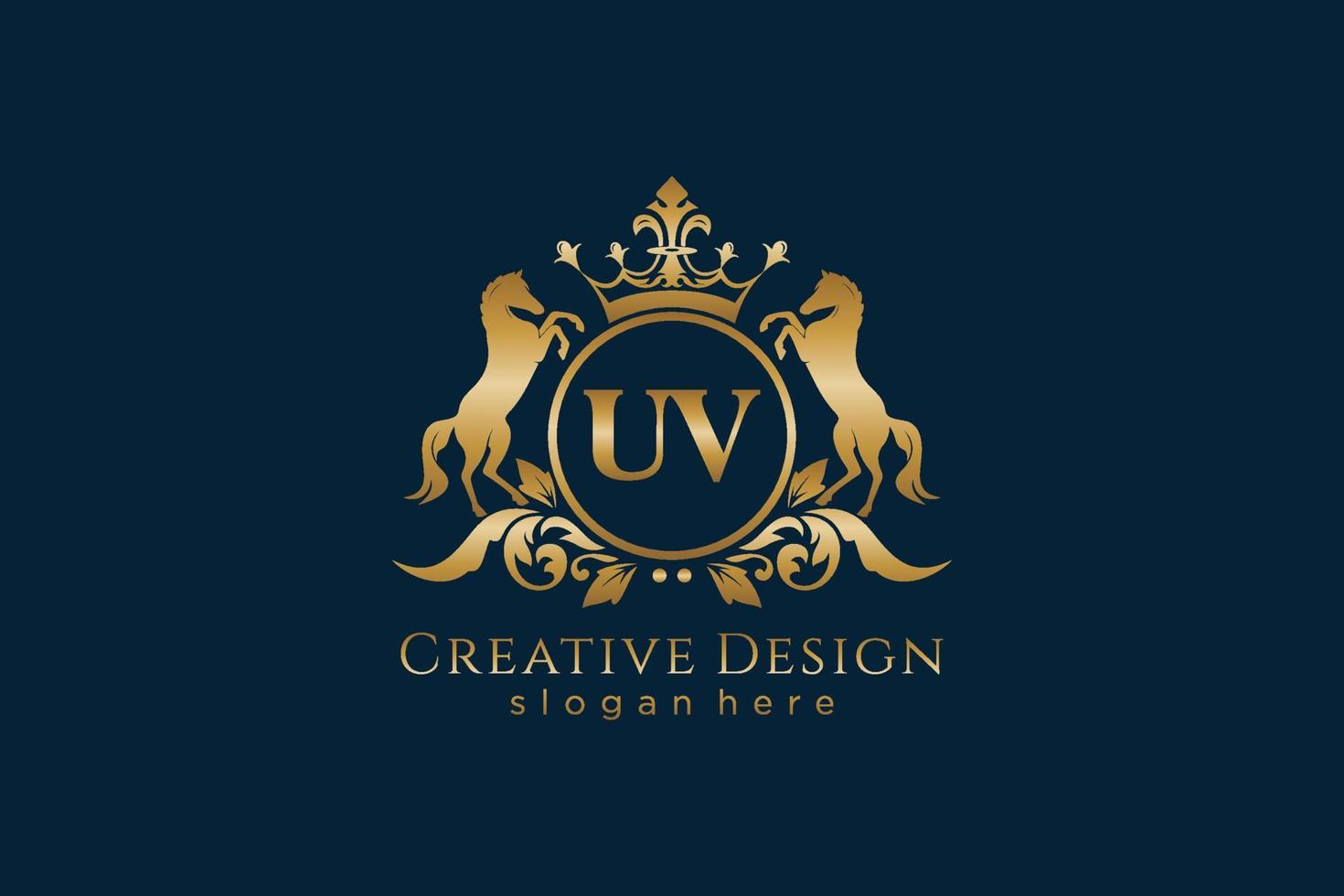 eerste uv retro gouden kam met cirkel en twee paarden, insigne sjabloon met scrollt en Koninklijk kroon - perfect voor luxueus branding projecten vector