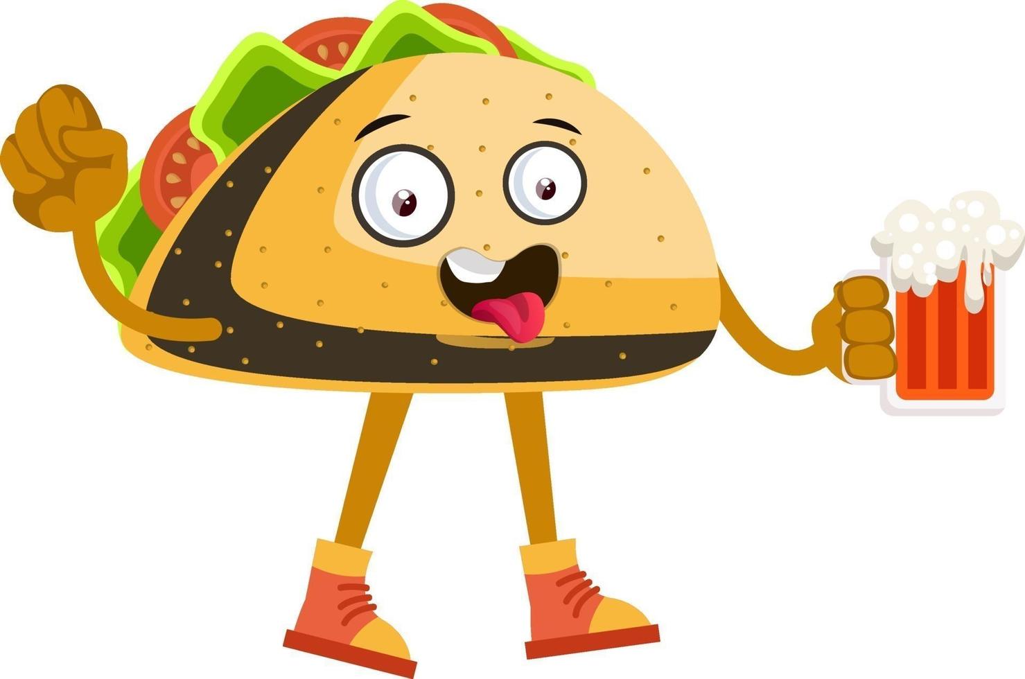 taco met bier, illustratie, vector Aan wit achtergrond.