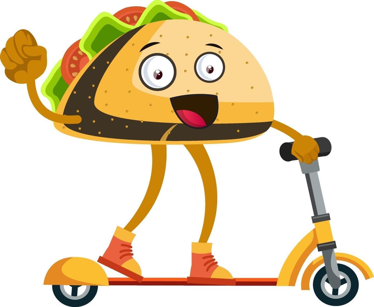 taco Aan geel scooter, illustratie, vector Aan wit achtergrond.