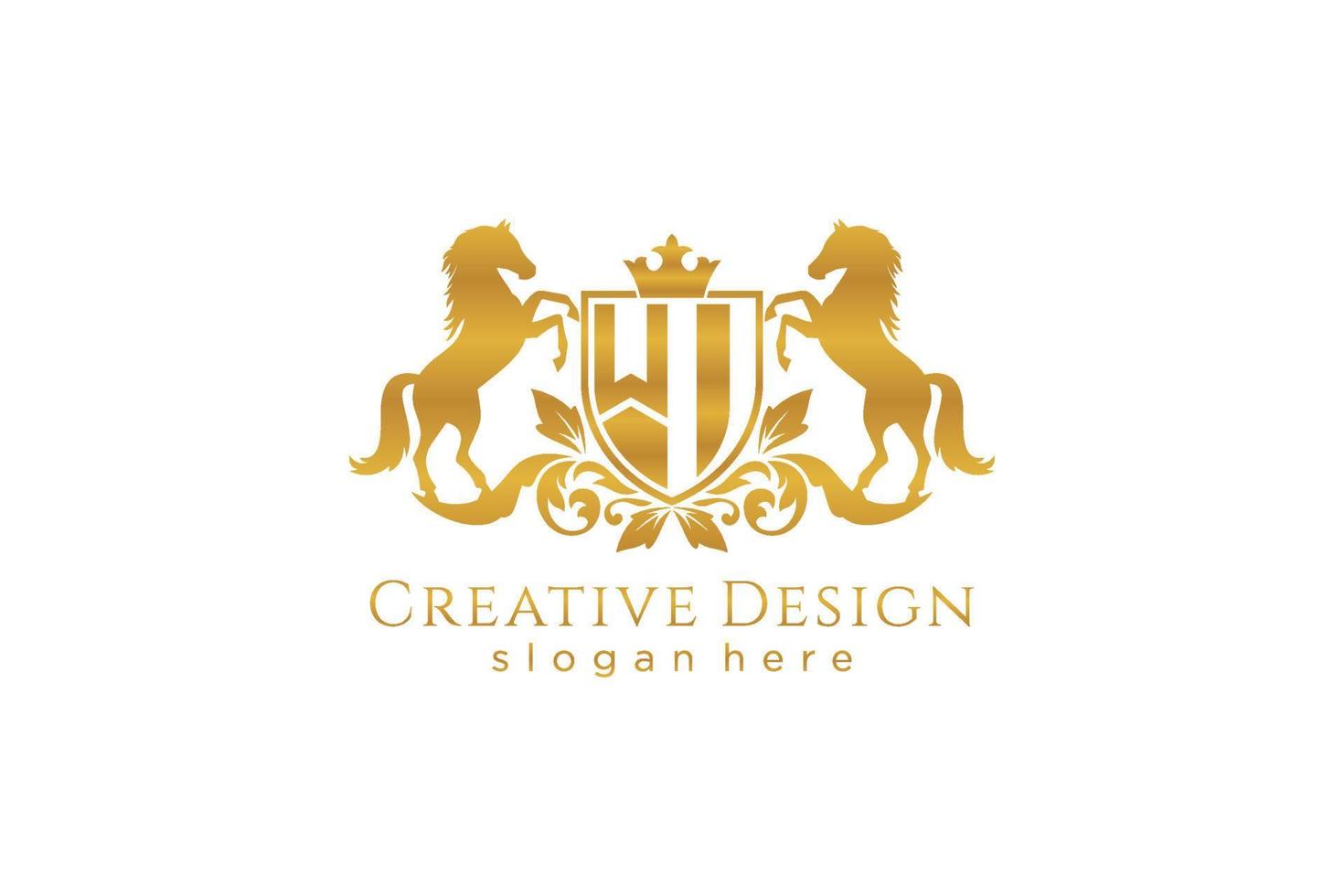 eerste wi retro gouden kam met schild en twee paarden, insigne sjabloon met scrollt en Koninklijk kroon - perfect voor luxueus branding projecten vector