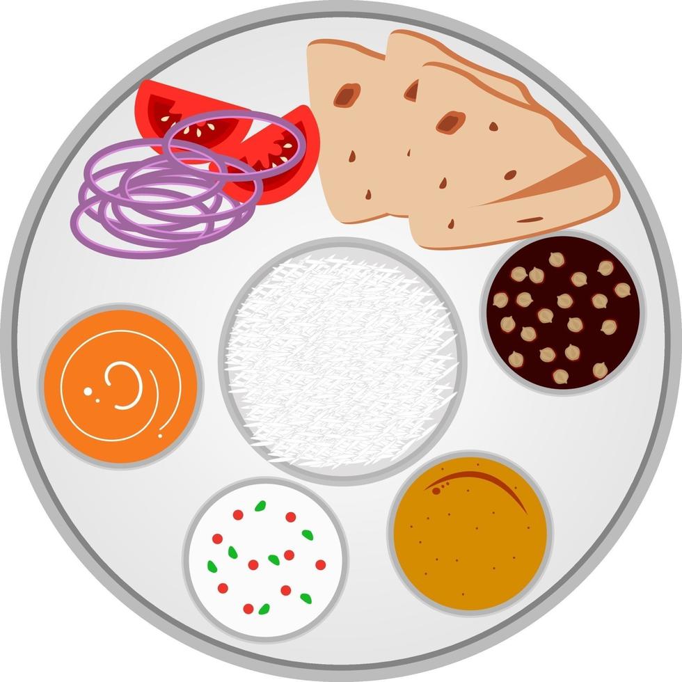 thali voedsel, illustratie, vector Aan een wit achtergrond.