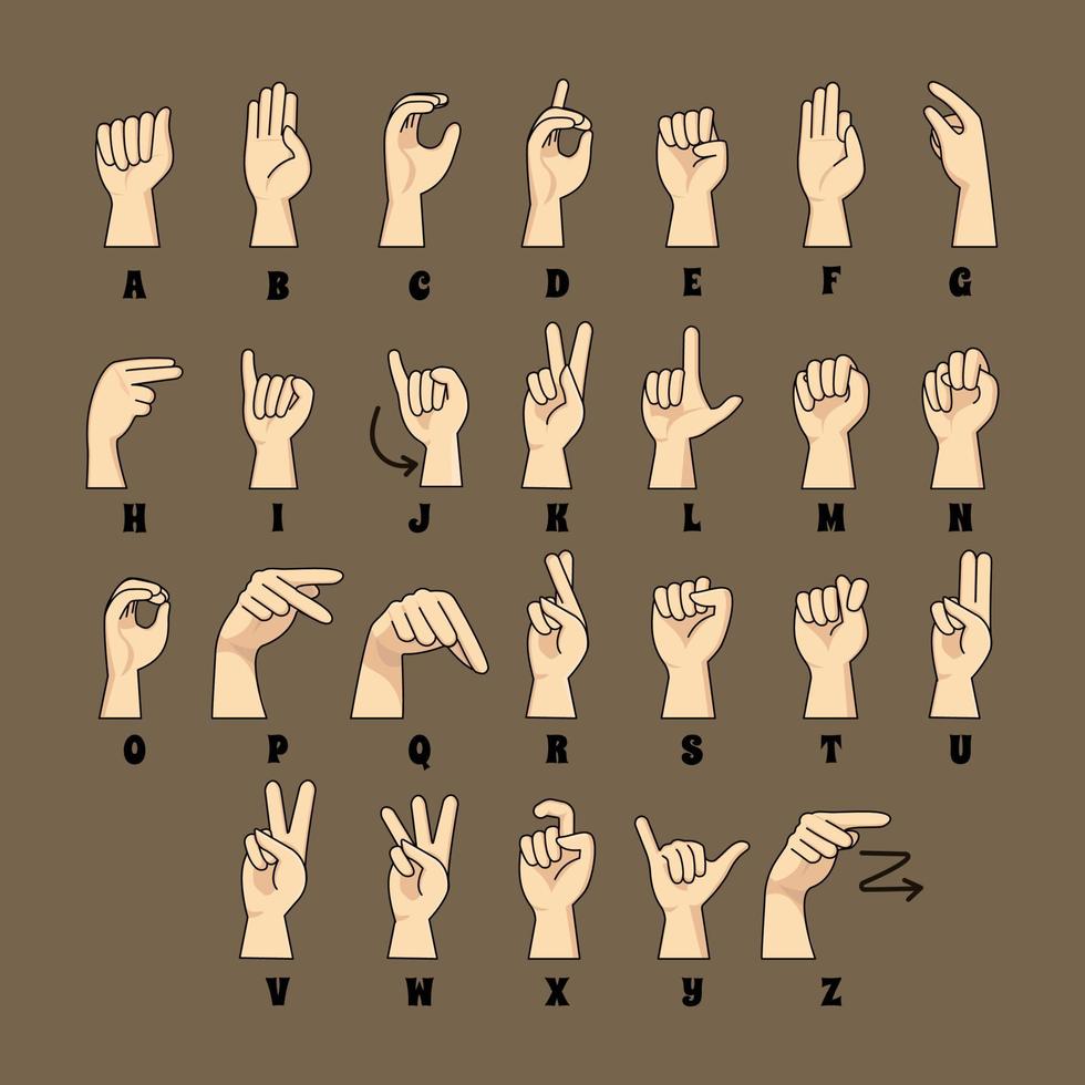 teken taal instructie asl alfabetten in tekenfilm vector