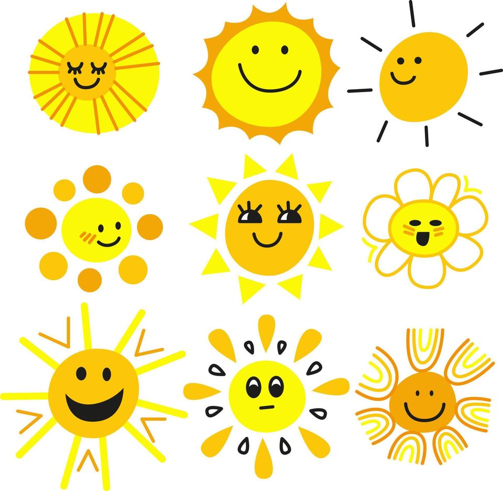 zon emoticons. grappig zomer zon, zonneschijn, baby, gelukkig ochtend- emoji. kinderen illustratie. tekenfilm zonnig glimlachen gezichten vector pictogrammen