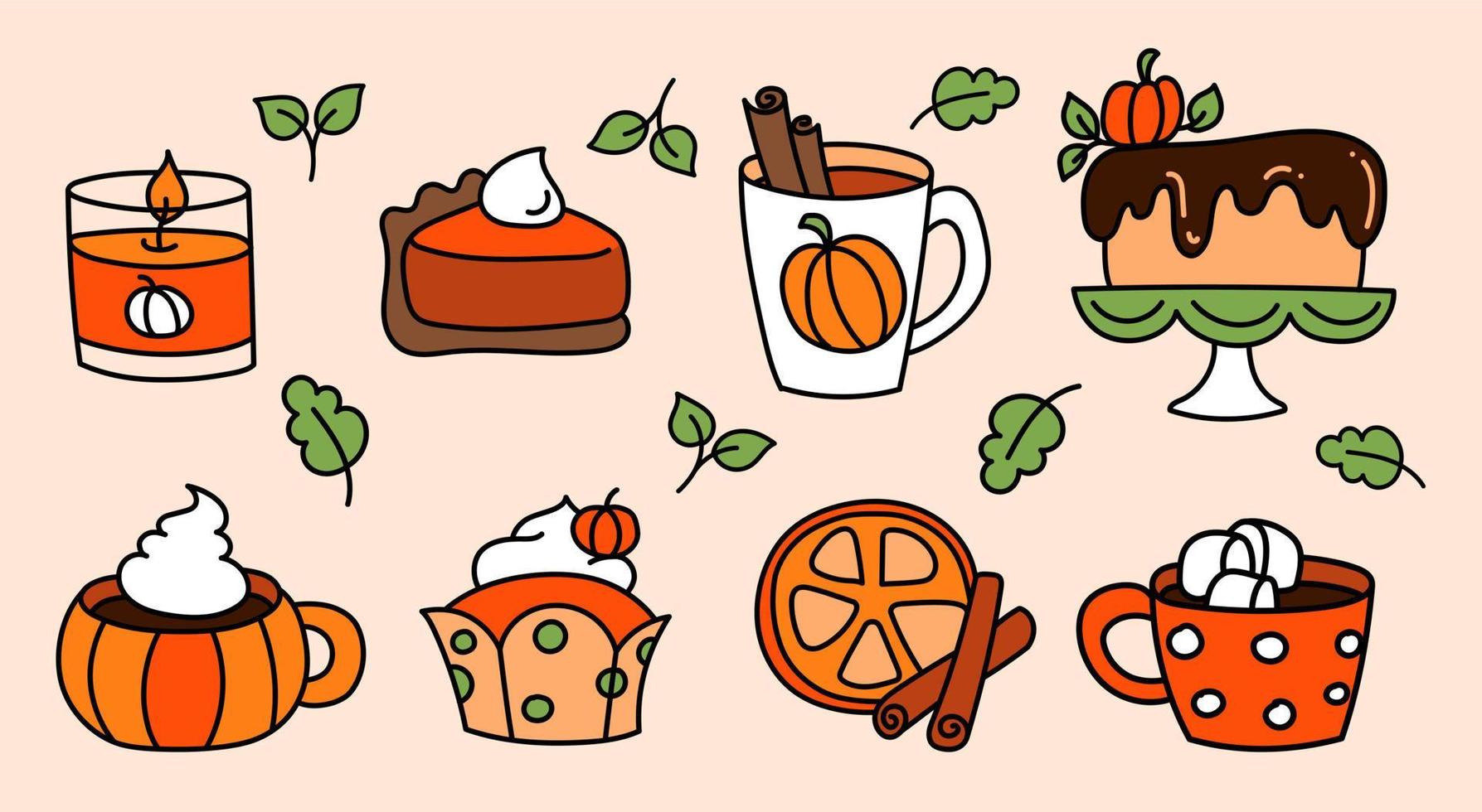 reeks van seizoensgebonden pompoen kruiden, taart, latte, voedsel en drinken hand- getrokken vector illustratie. verzameling van herfst zoet taart of gebakjes, heet drankjes, fruit thee, cappuccino