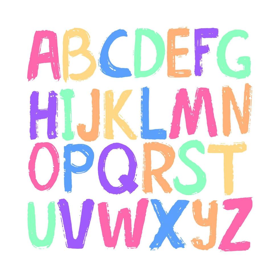 vector hand- getrokken schattig tekenfilm typografie Engels brieven reeks in verschillend kleur. borstel structuur Latijns karakters. uit de vrije hand lettertype