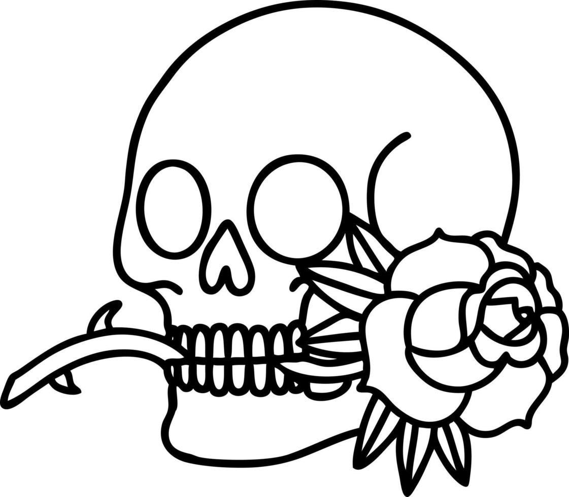 zwart lijn tatoeëren van een schedel en roos vector