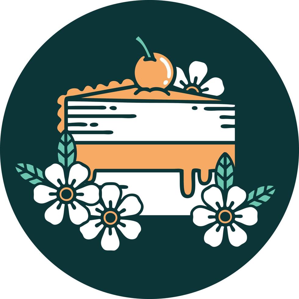 iconisch tatoeëren stijl beeld van een plak van taart en bloemen vector